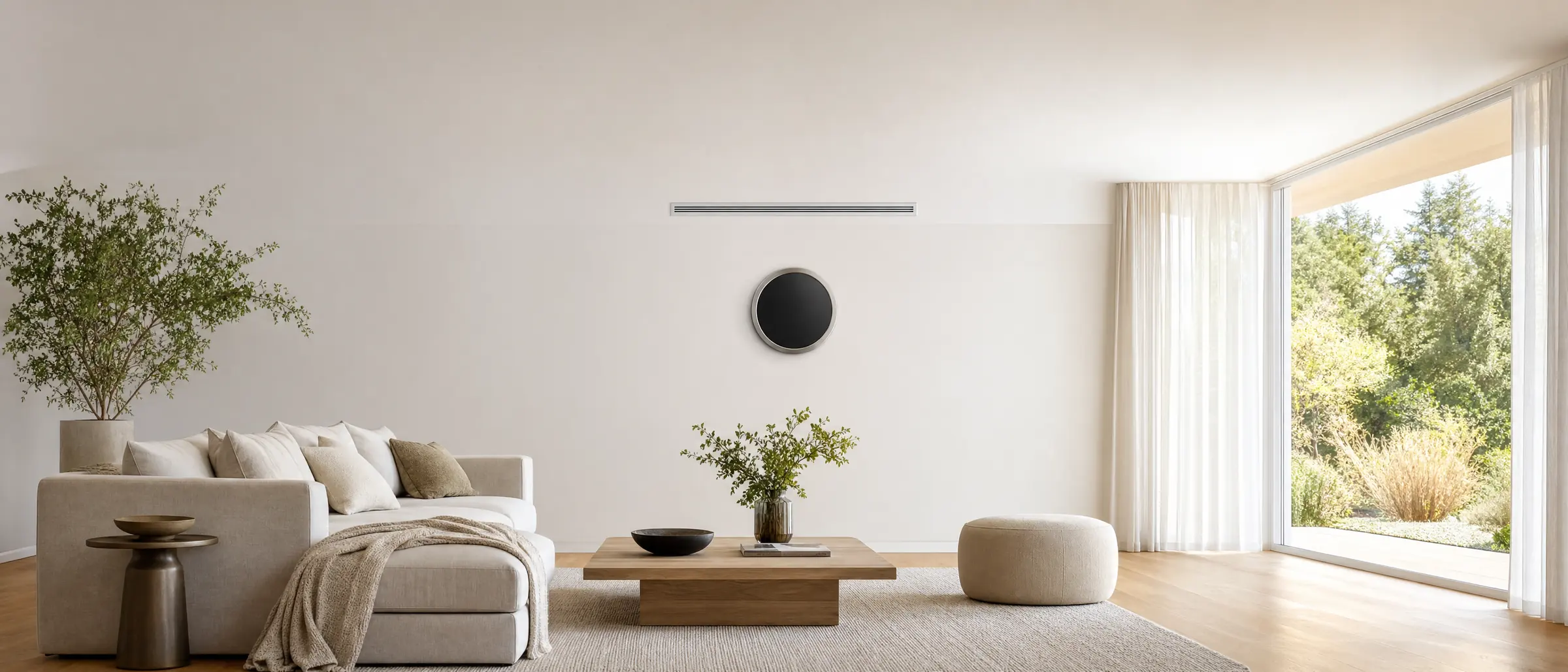 A living room in summer: cool air flows from the vent and the thermostat counts down to 72