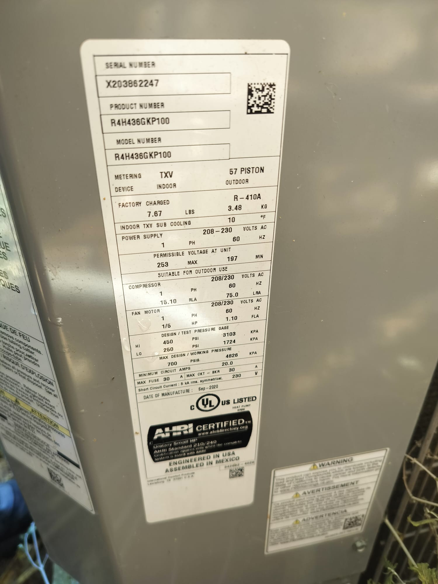 HVAC outdoor unit specification label