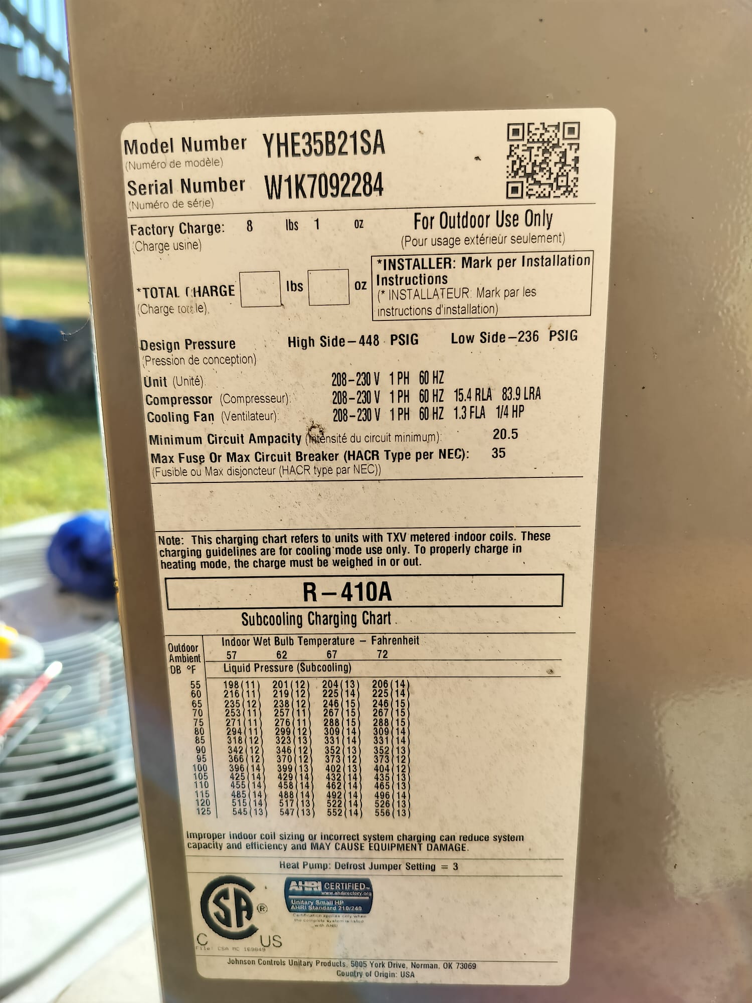 Outdoor Unit Spec Label