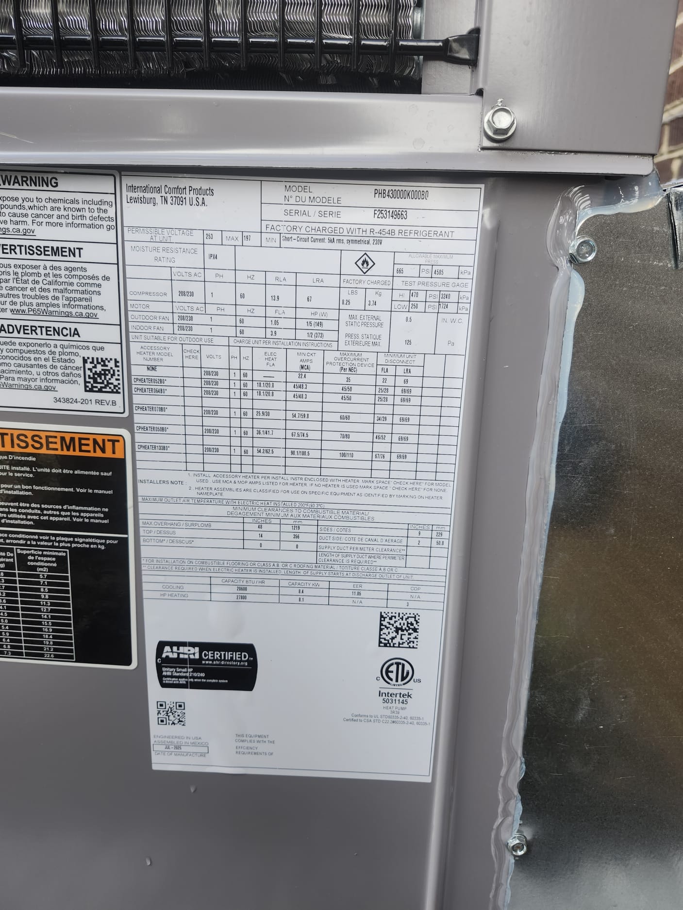 Data Label on HVAC Unit Showing Model and Refrigerant Type