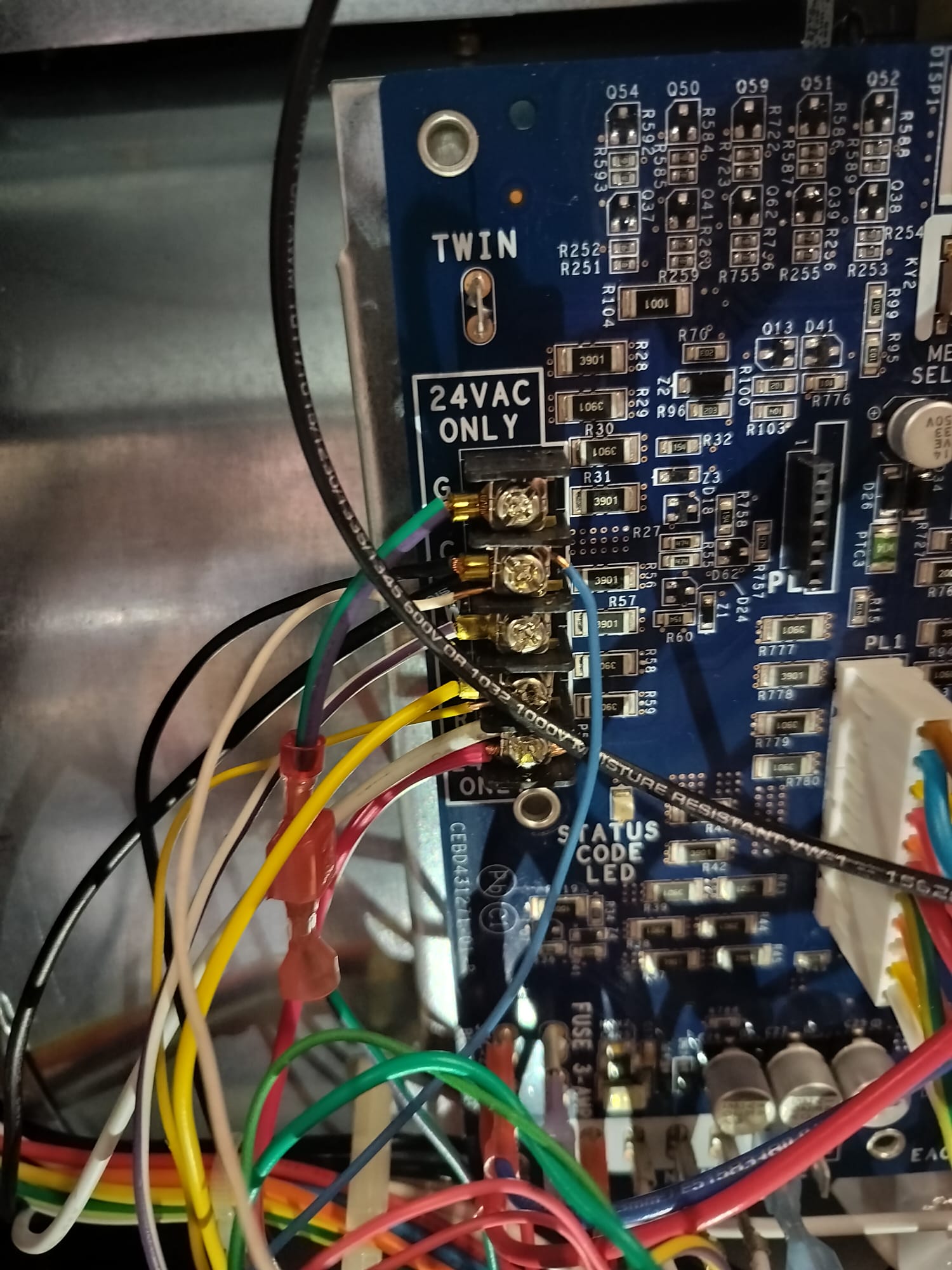Close-up of control board wiring on new HVAC unit