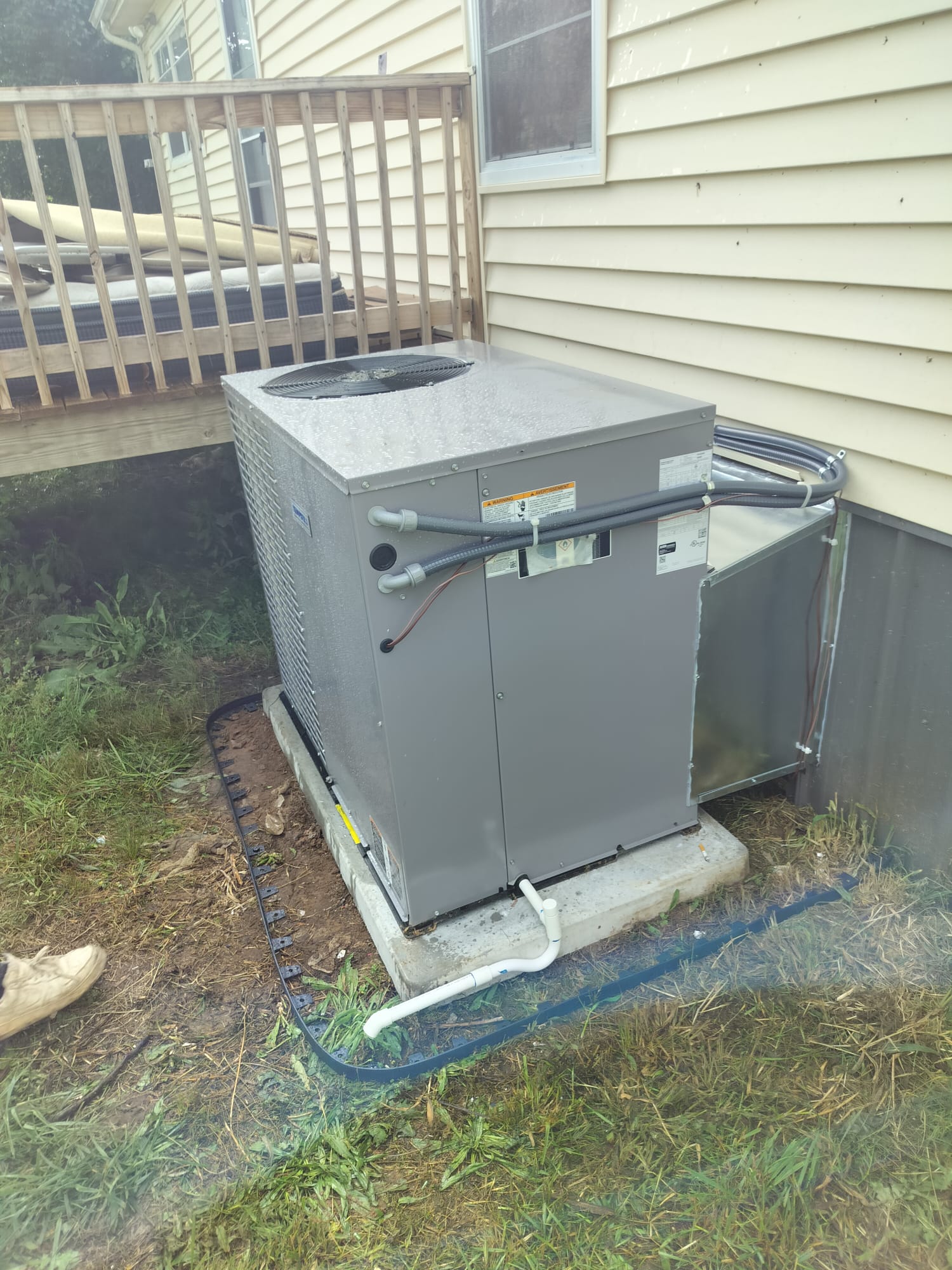 Outdoor HVAC unit after installation, with clear surroundings