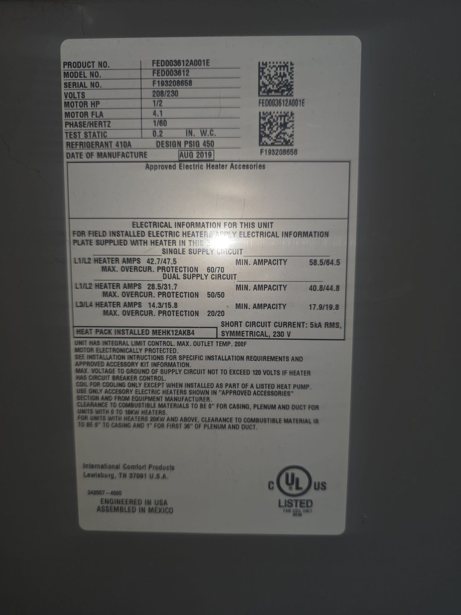 HVAC unit data label used for service identification