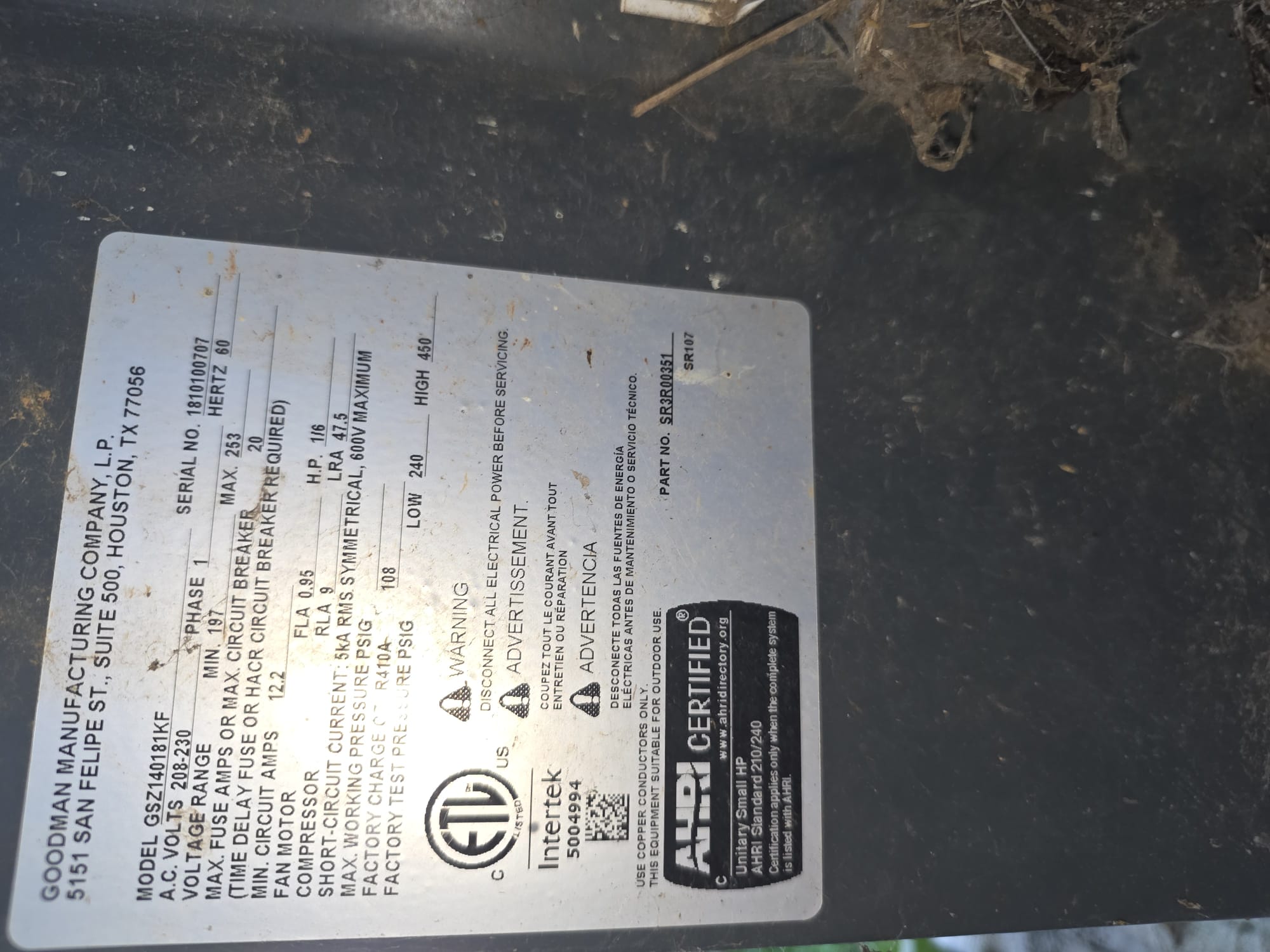 HVAC equipment data plate with model information