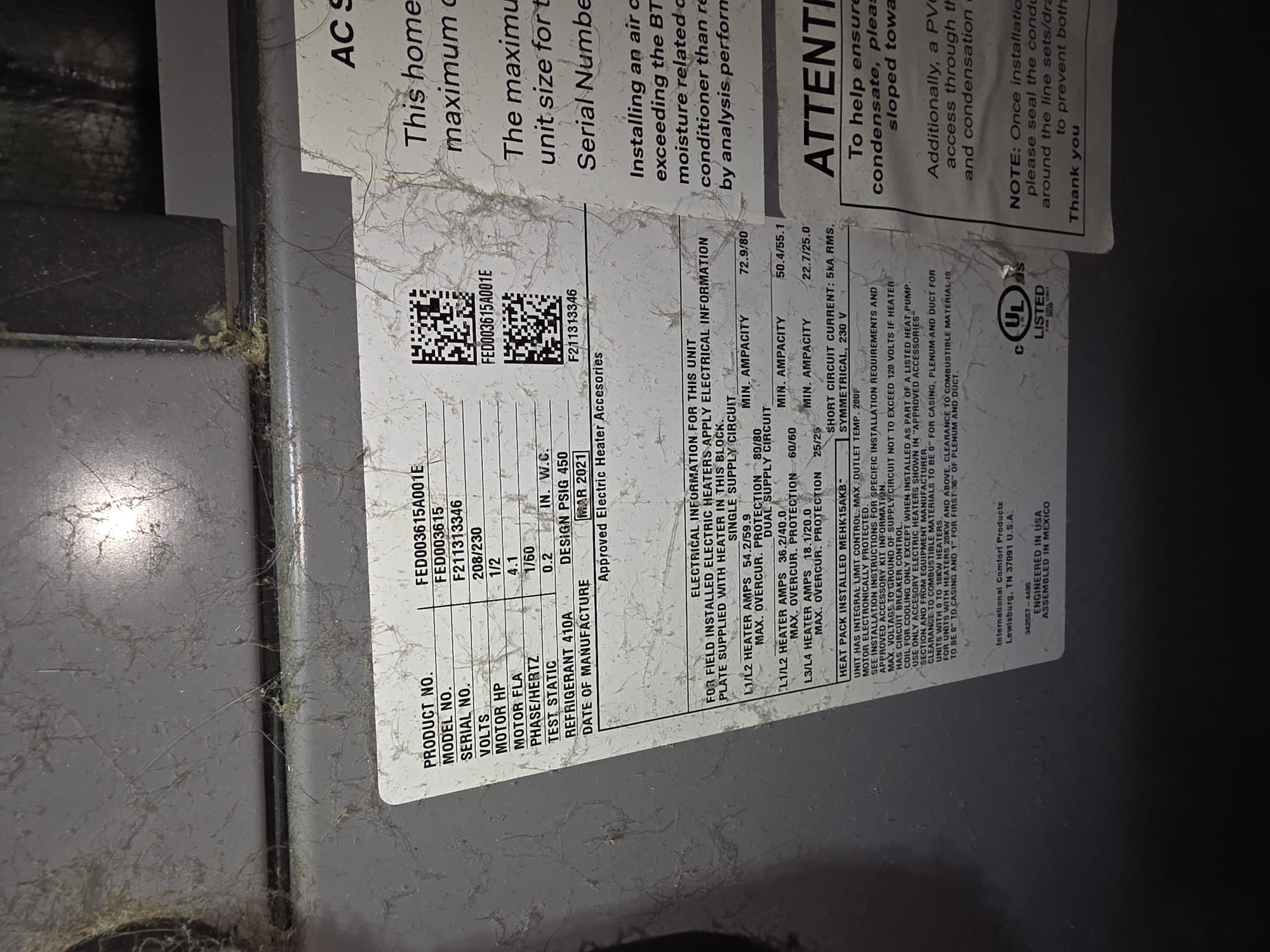 HVAC service label on the indoor unit