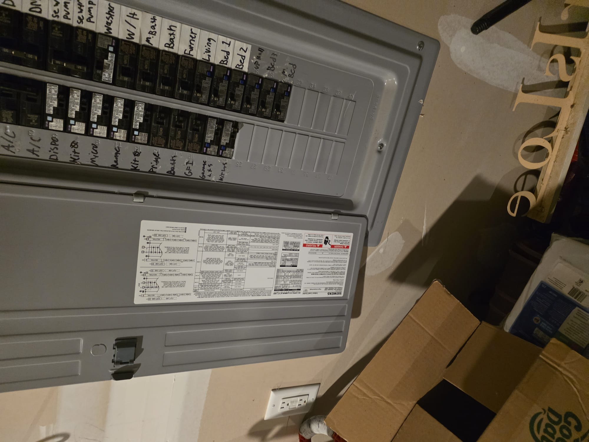 Residential breaker panel with circuits labeled for home systems