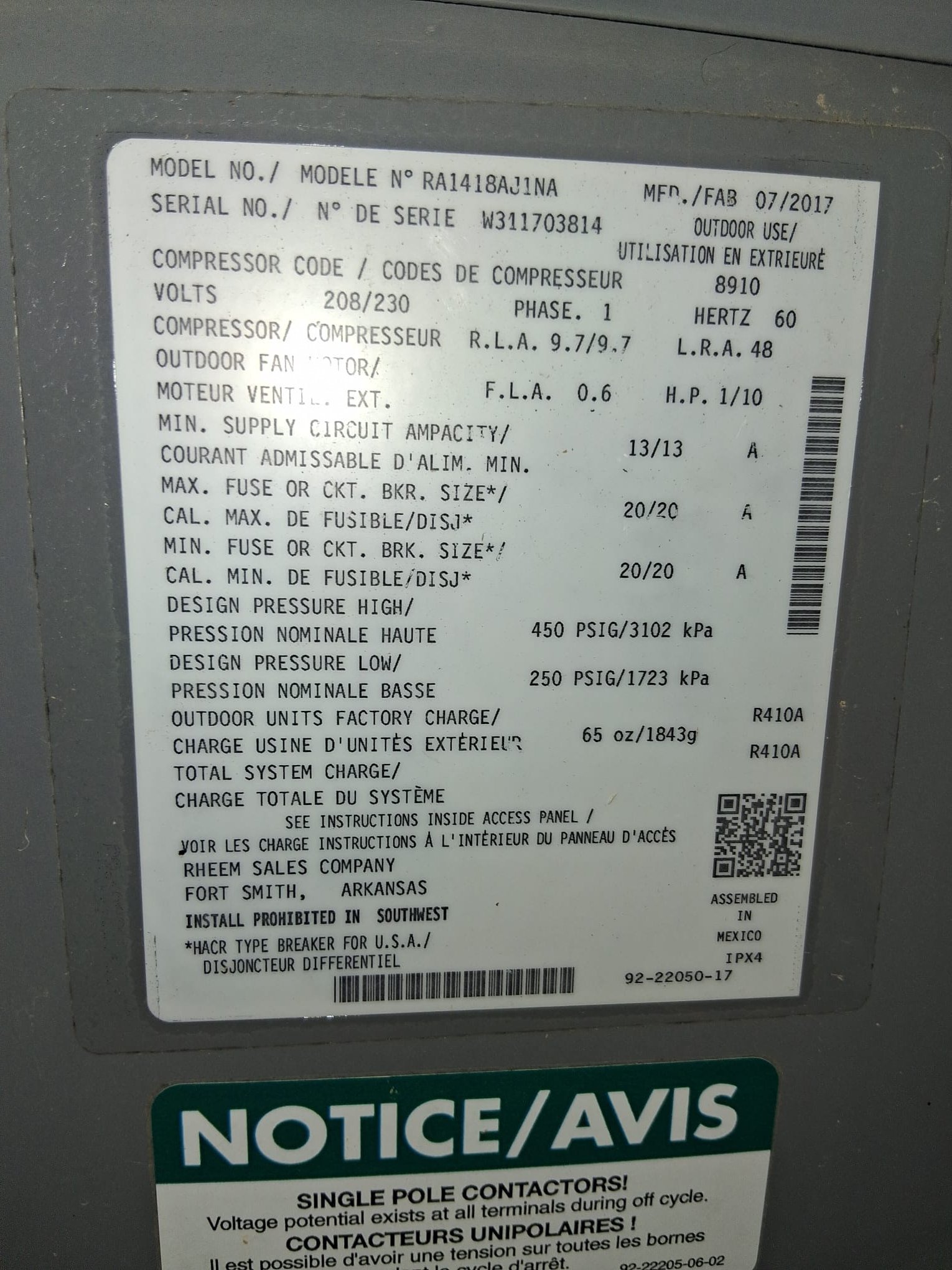 HVAC data plate on an older outdoor unit